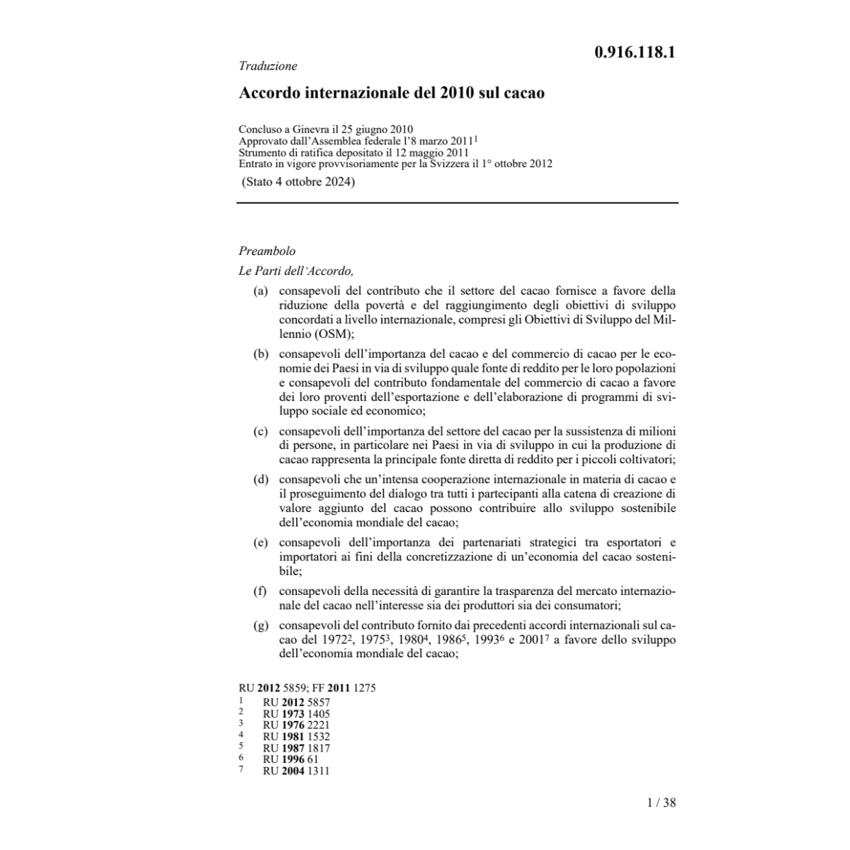 Accordo internaziona. del 2010 sul cacao