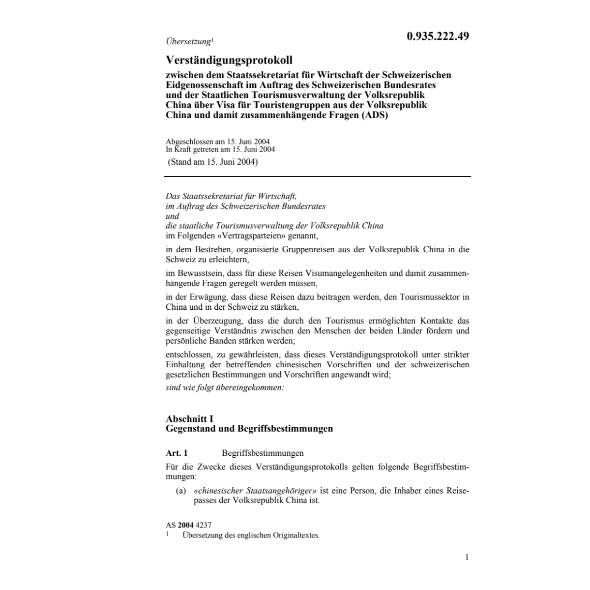 Verständigungsprot.CH-China Visa
