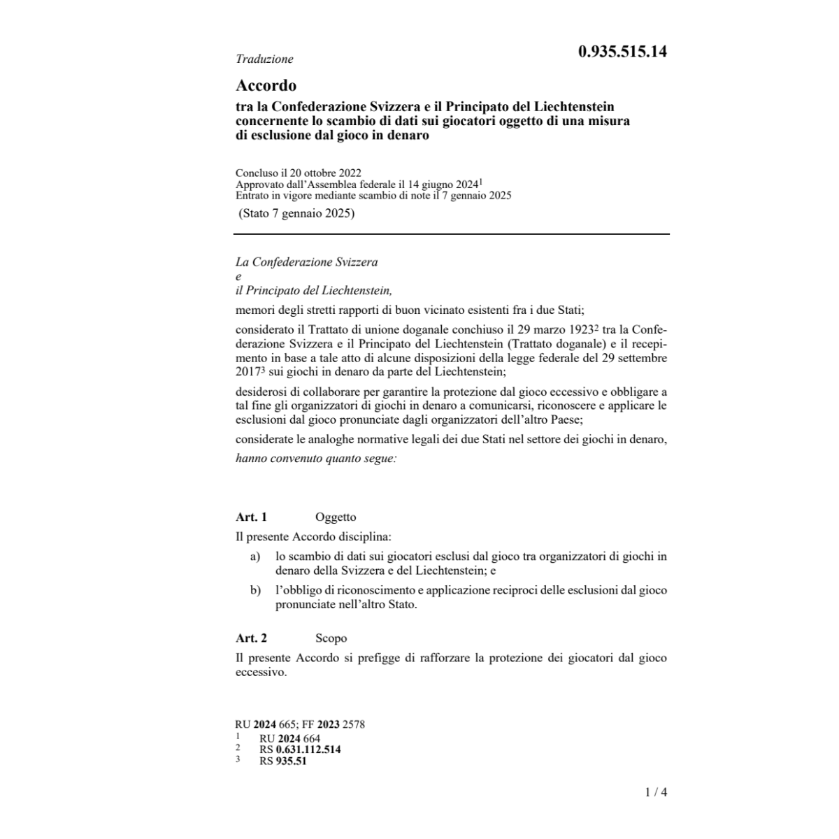 Acc. Liechtenstein gioco in denaro
