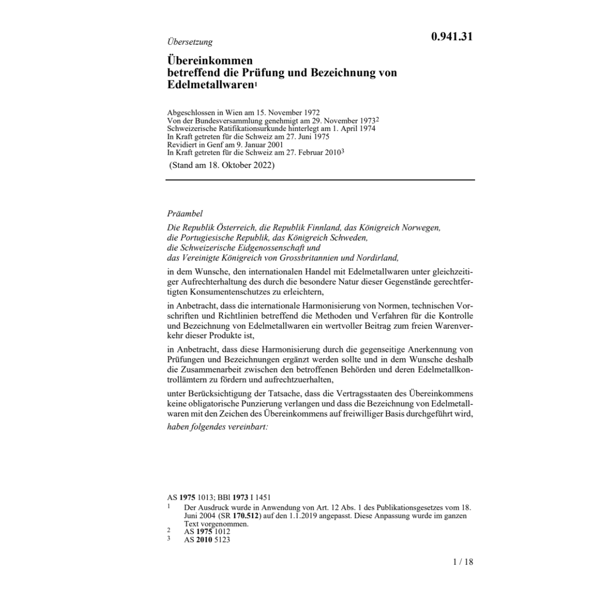 Übereinkommen Edelmetallgegenstände