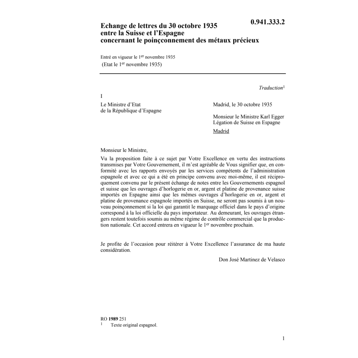 Echange de lettres Suisse - Espagne