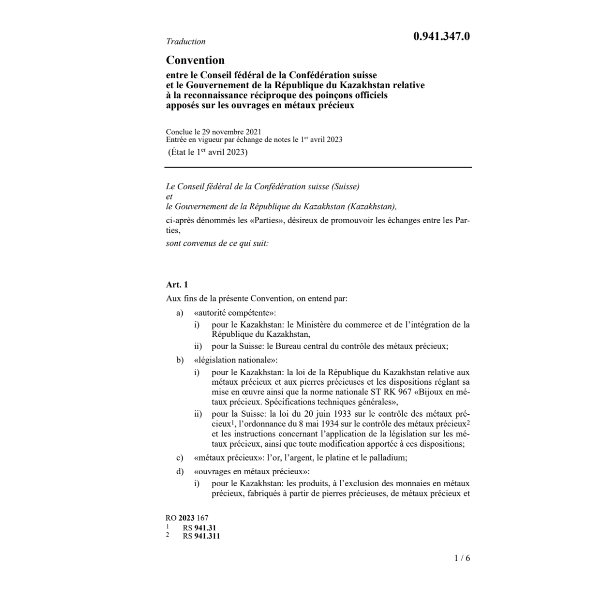 Conv. CF et Kazakhstan métaux précieux