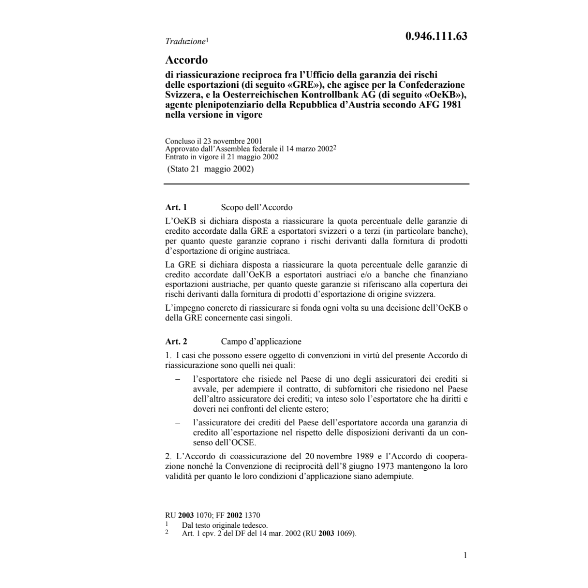 Accordo CH-A riassicurazione reciproca