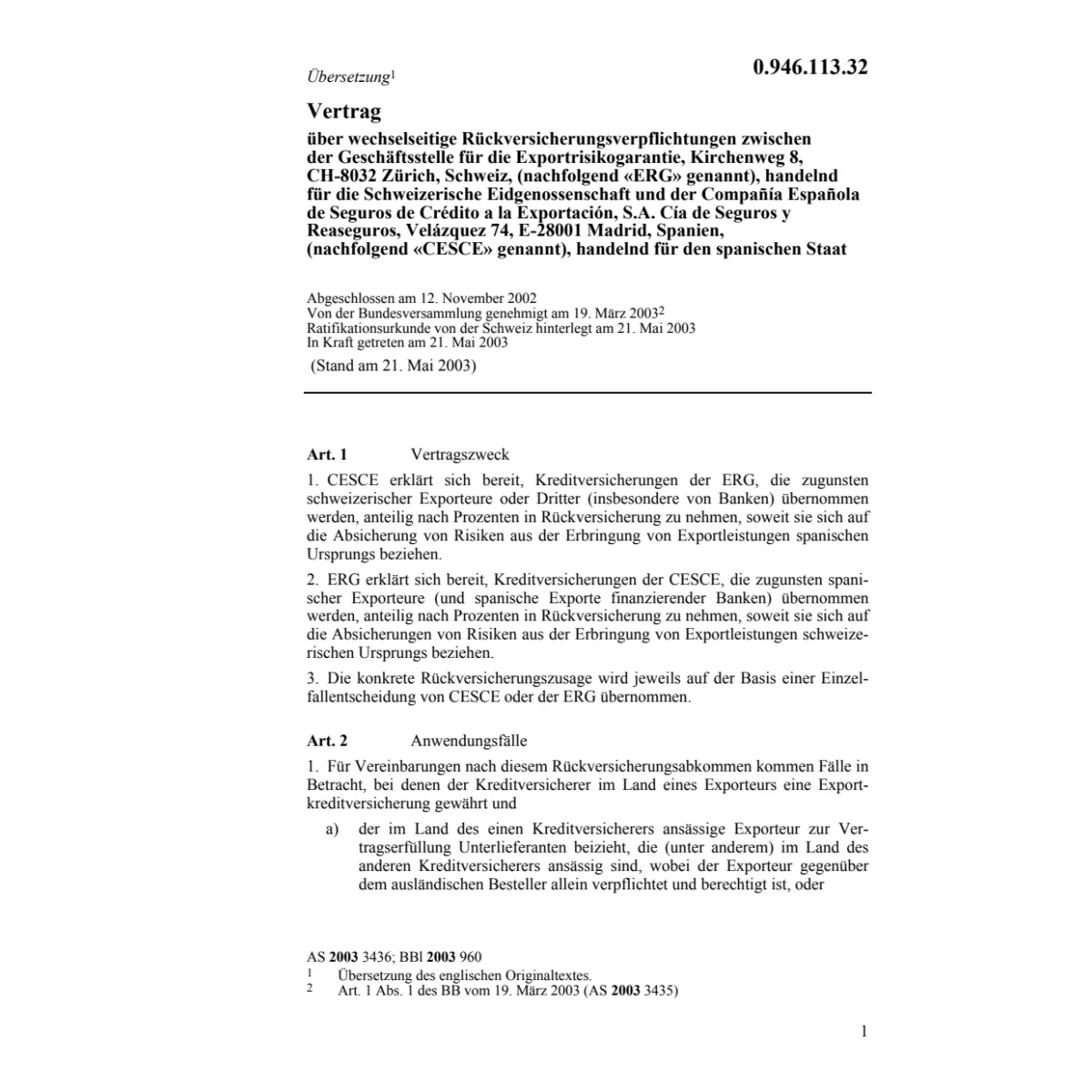Vertrag Exportrisikogarantie CH-Seguros
