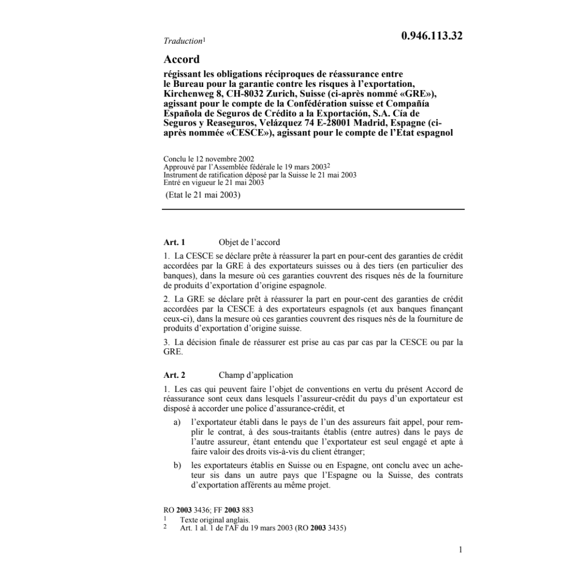 Accord garantie l'exportation CH-Seguros