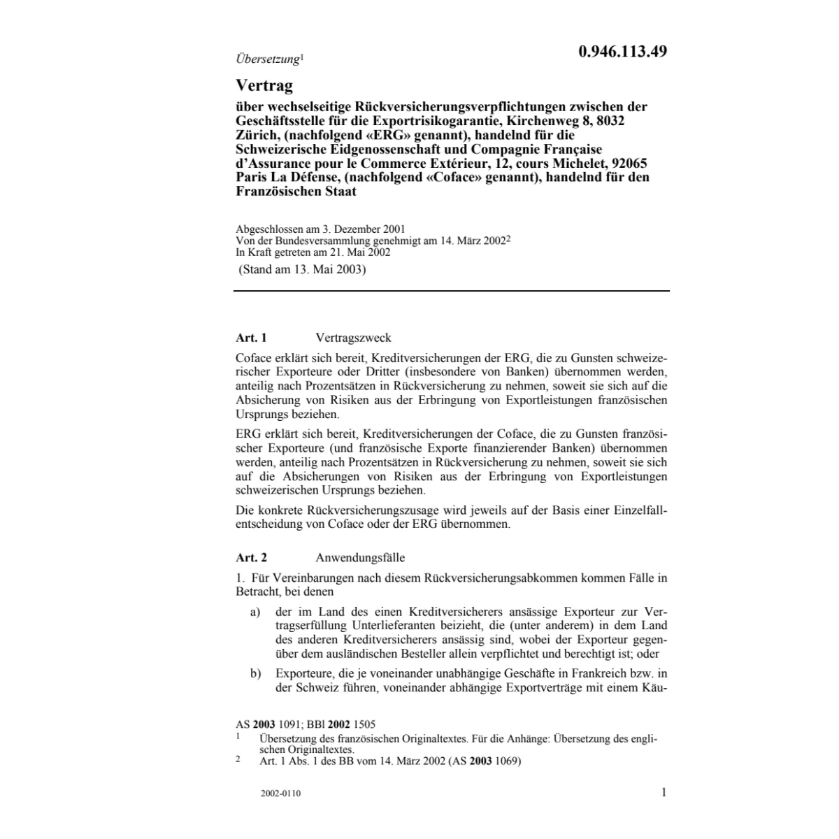Vertrag CH-F Rückversicherung