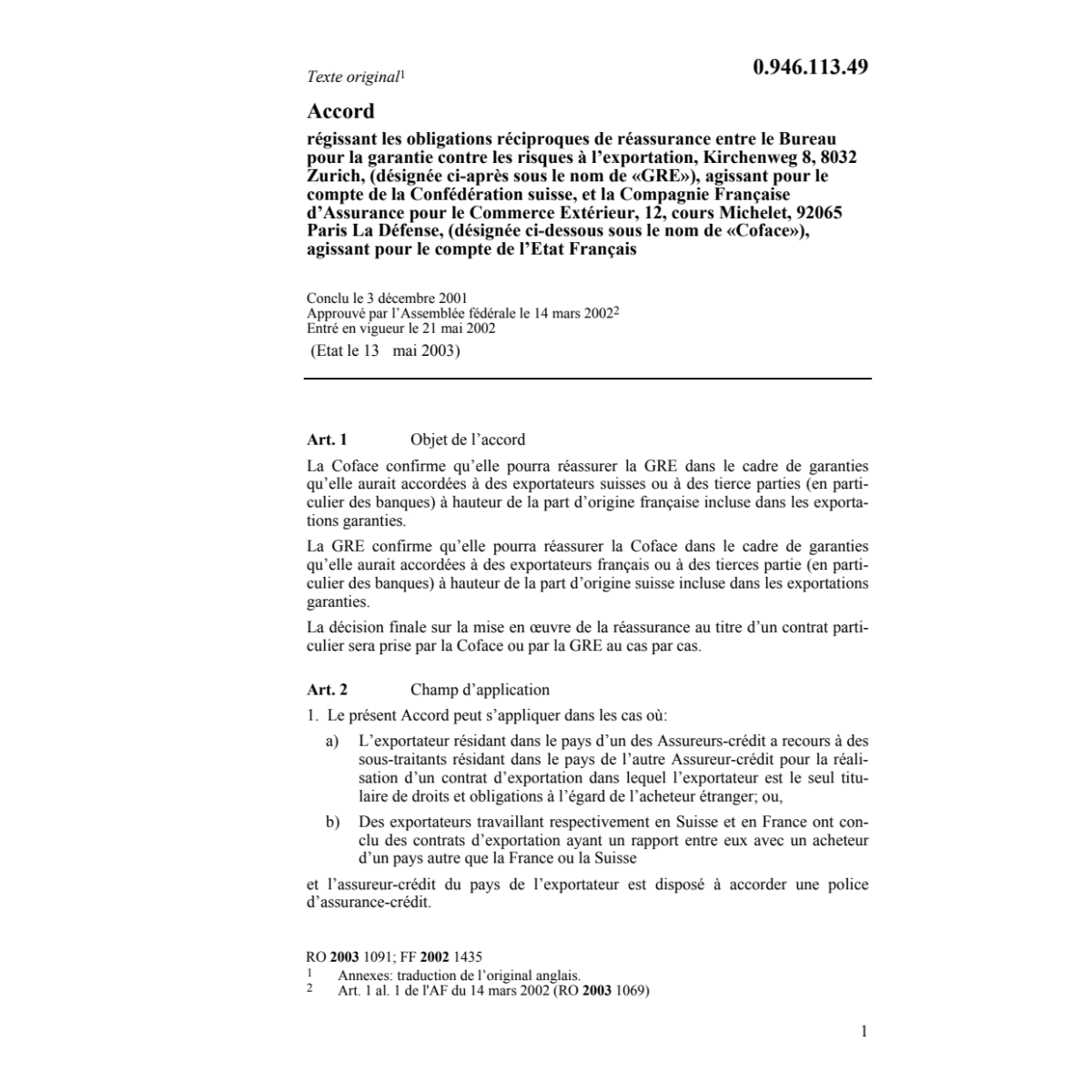 Accord CH-F réciproques réassurance