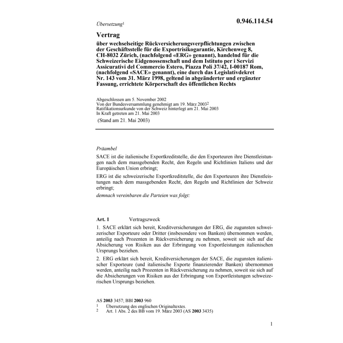 Vertrag Exportrisikogarantie CH-Estero