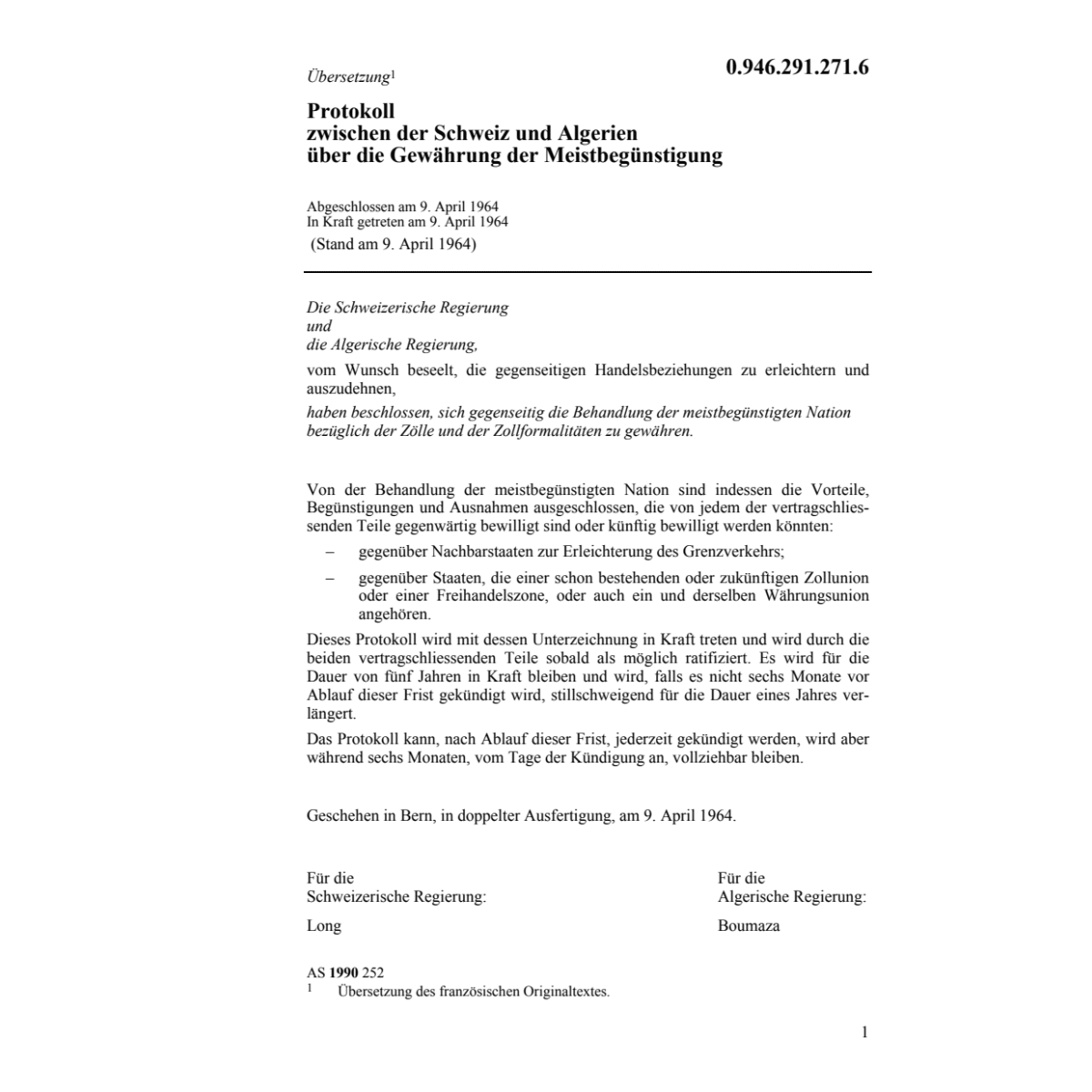 Prot. Algerien Gewährung Meistbegünstig.