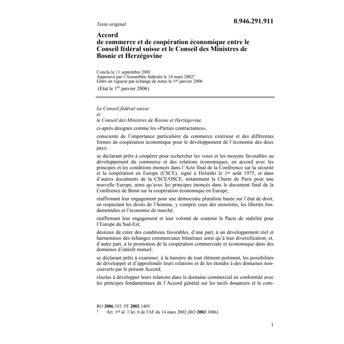 Acc.commerce CH-Bosnie Herzégovine