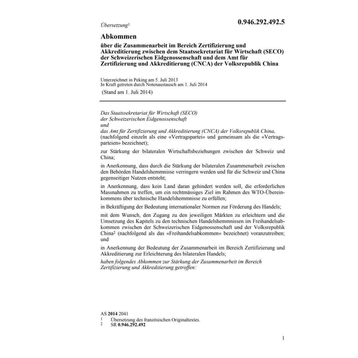 Abk. Zertifizierung SECO CNCA China