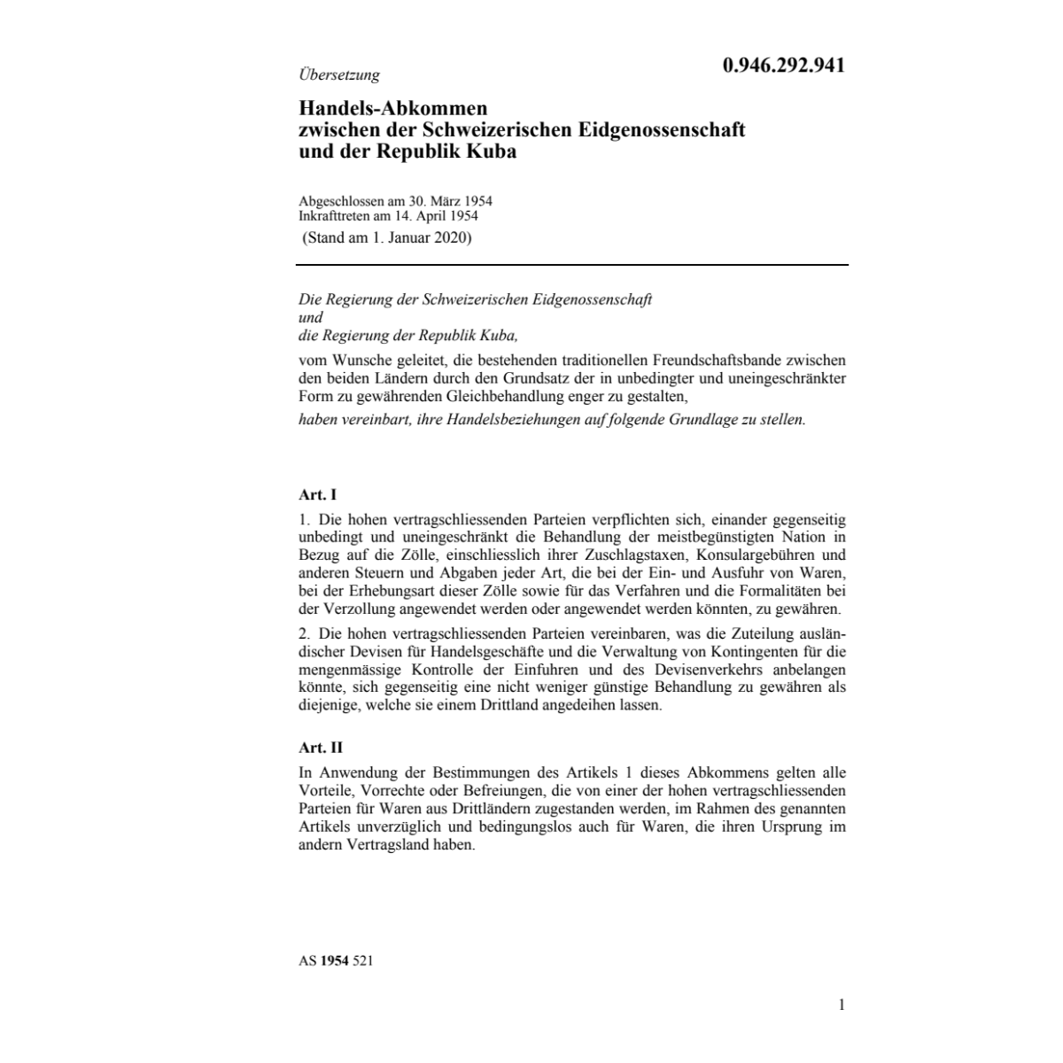 Handels-Abk. Schweiz - Kuba