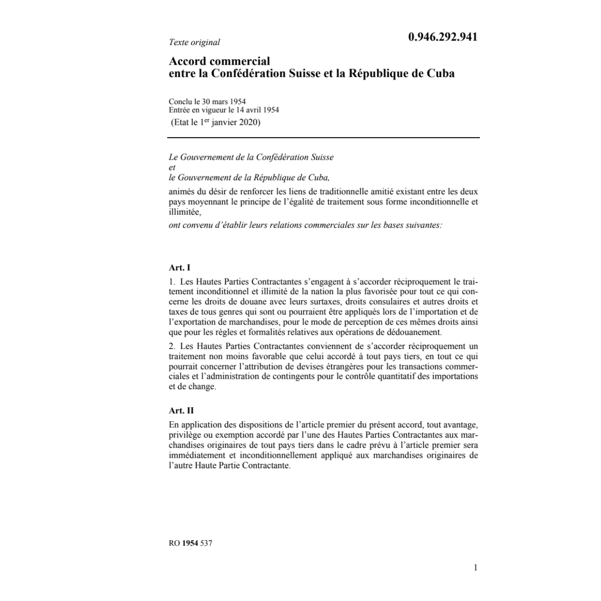 Acc. commercial Suisse - Cuba