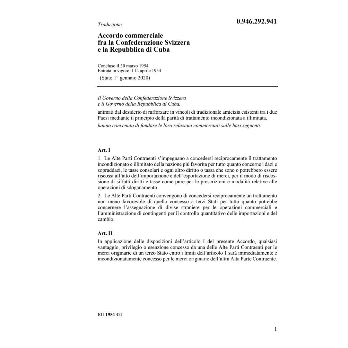 Acc. commerciale Svizzera - Cuba