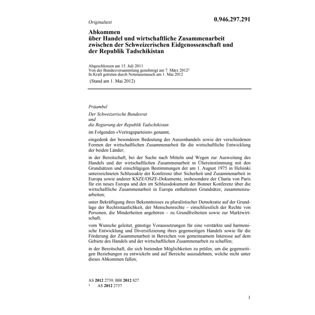 Abk. Handel CH-Tadschikistan