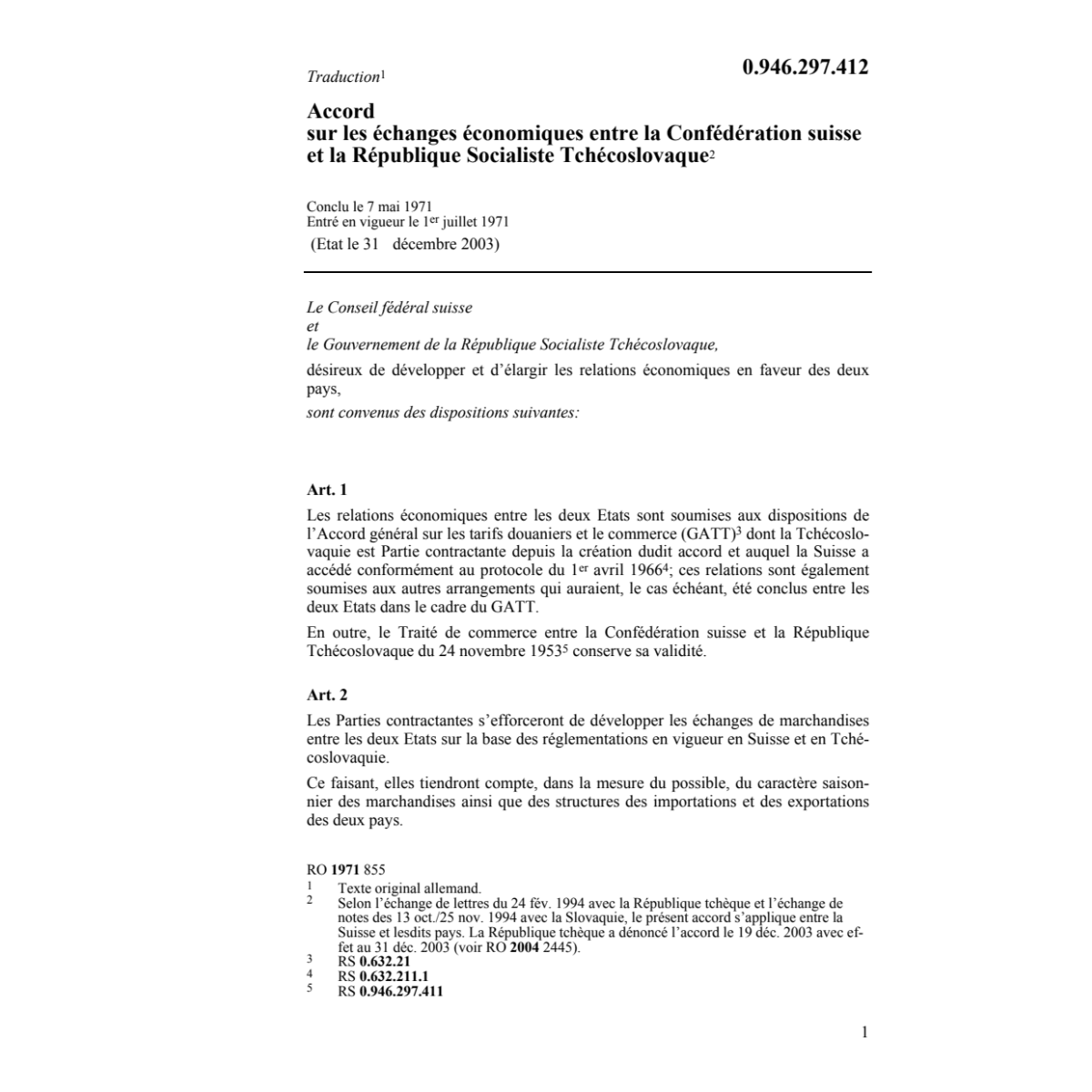 Acc.CH-Rép. tchécoslovaque échanges
