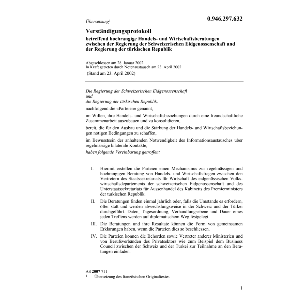 Verständigungsprot. CH-Türkei Handel