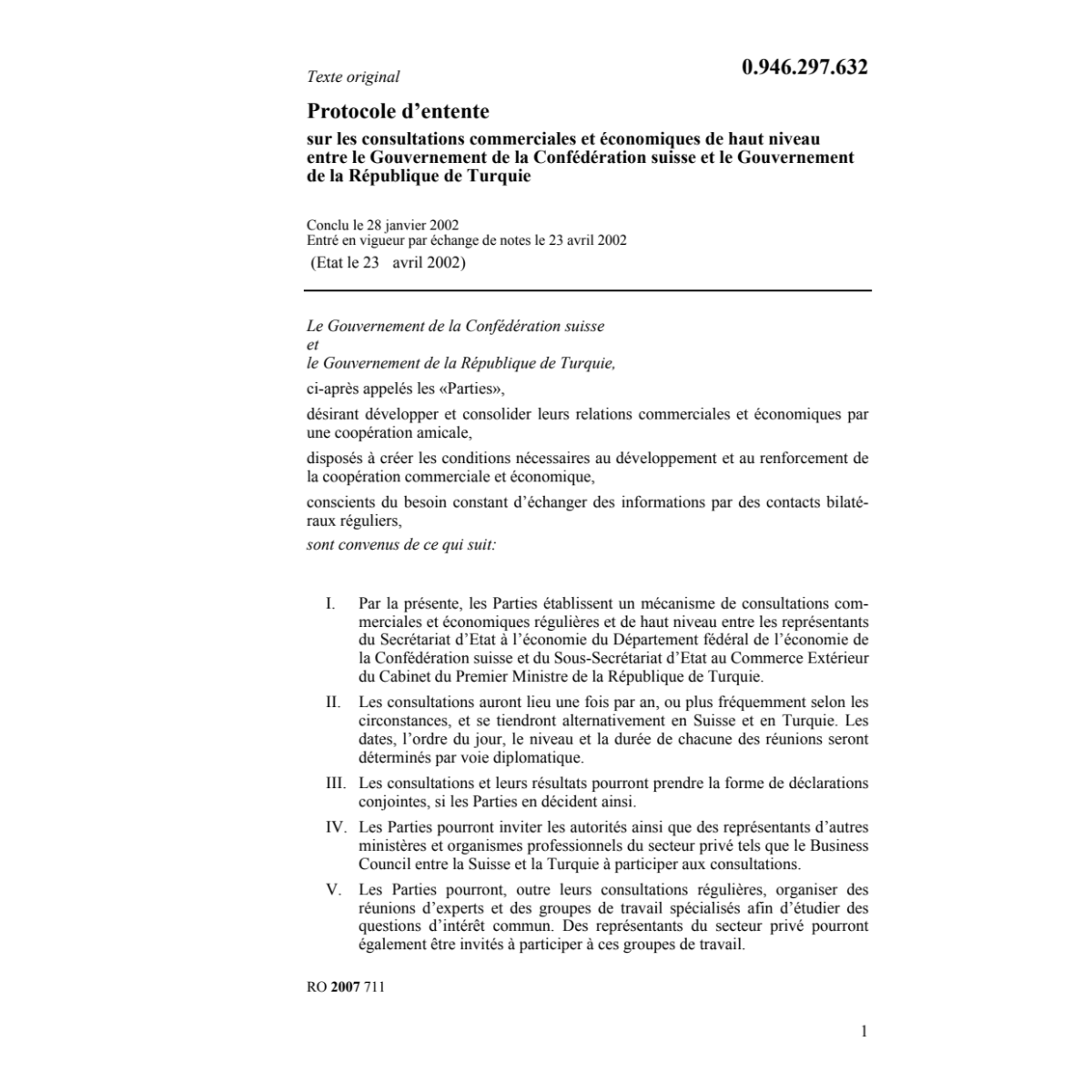 Prot.d'entente CH-Turquie commerciales