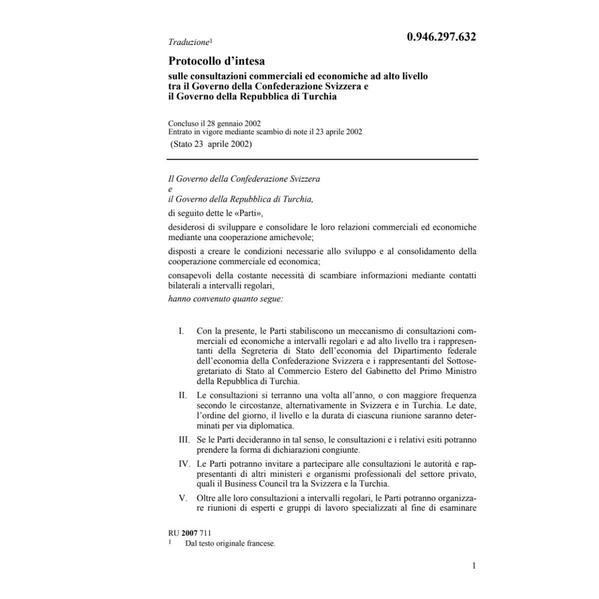 Prot.d'intesa CH-Turchia commerciali
