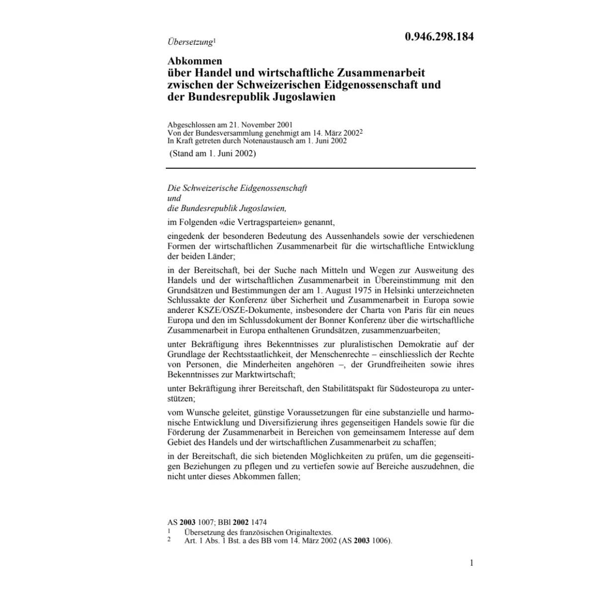 Abk. CH-Jugoslawien Zusammenarbeit