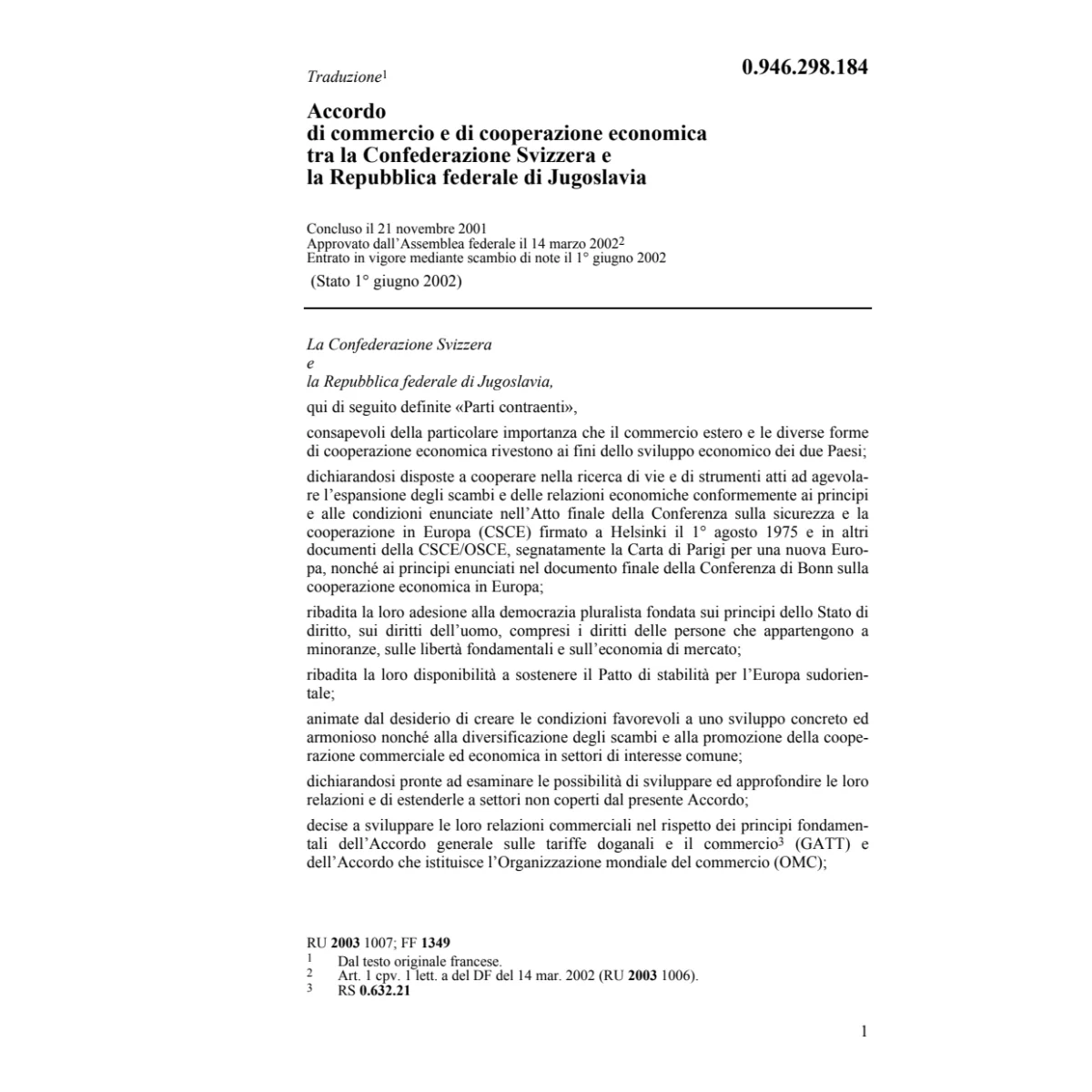 Acc. CH-Jugoslavia coop. economica