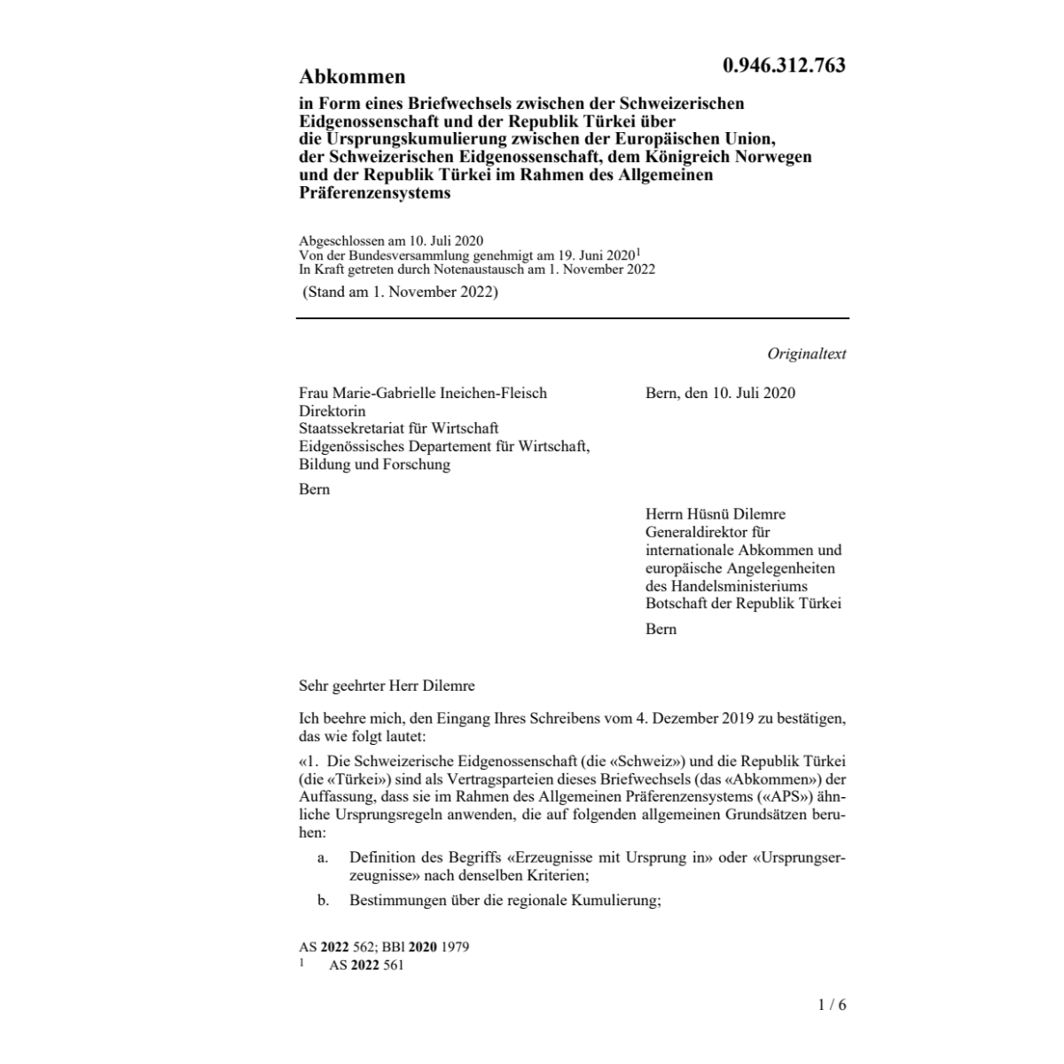 Abk. Briefwechsel Schweiz und Türkei
