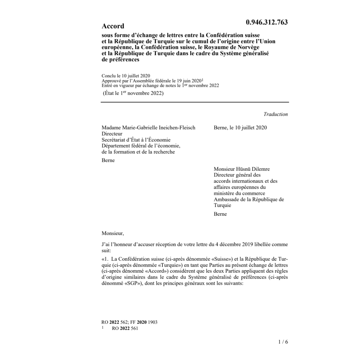 Ac. échange de lettres Suisse et Turquie