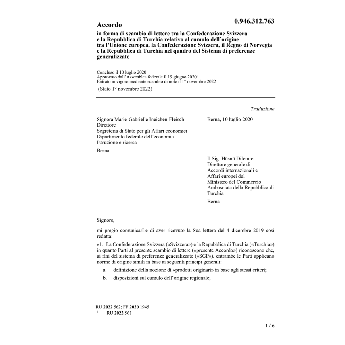 Acc. scambio lettere Svizzera e Turchia