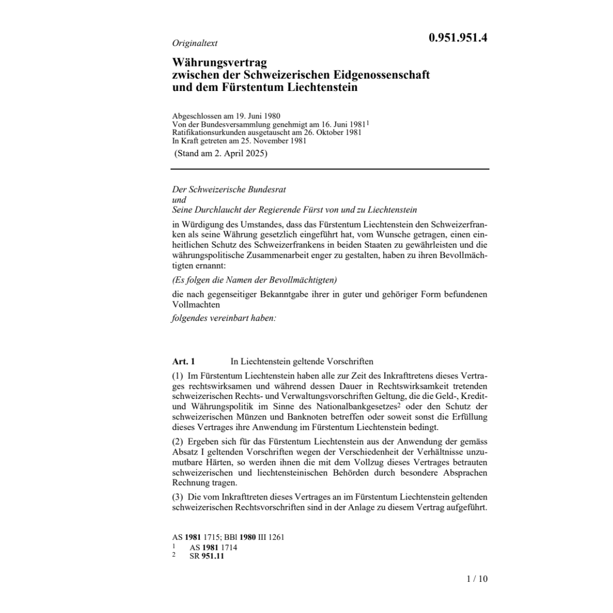 Währungsvertrag Schweiz/Liechtenstein