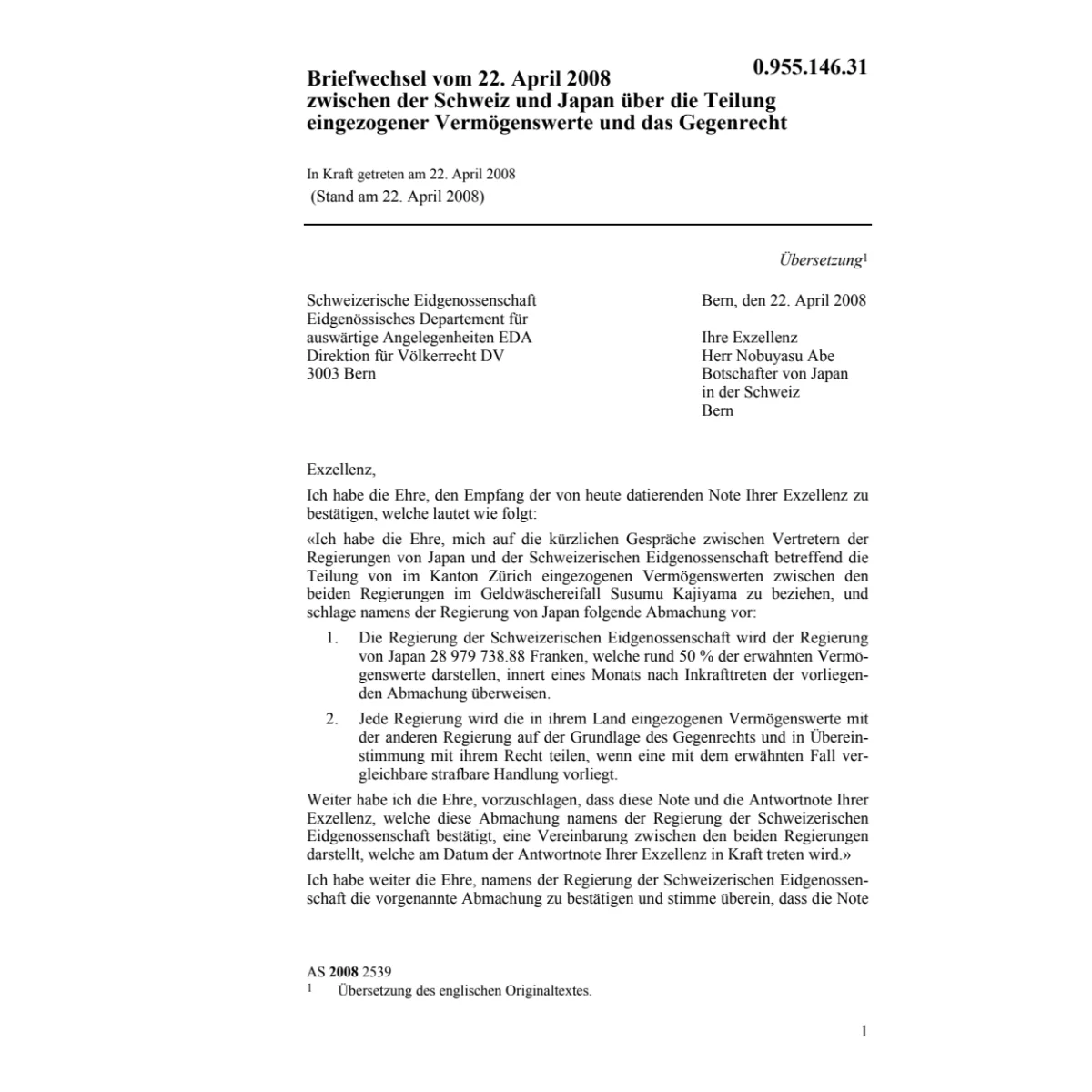 Briefwechsel CH-Japan Vermögenswerte