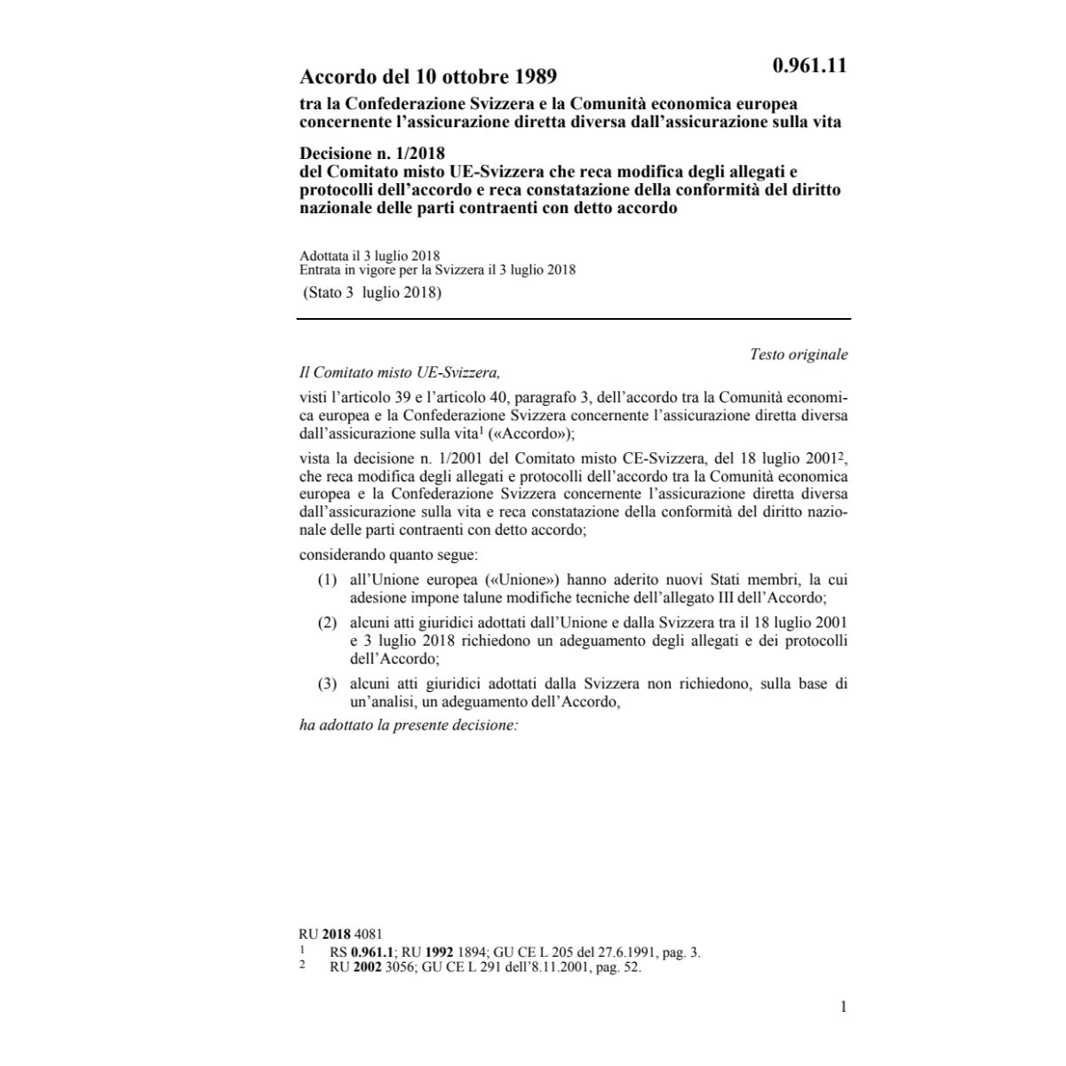 Decisione 1/2001 Accordo Assicurazione