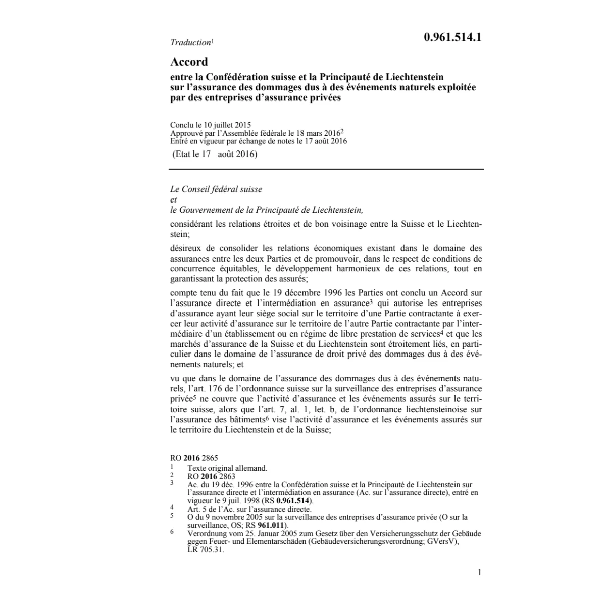 Ac. CH-FL ass. dommag. événements natur.