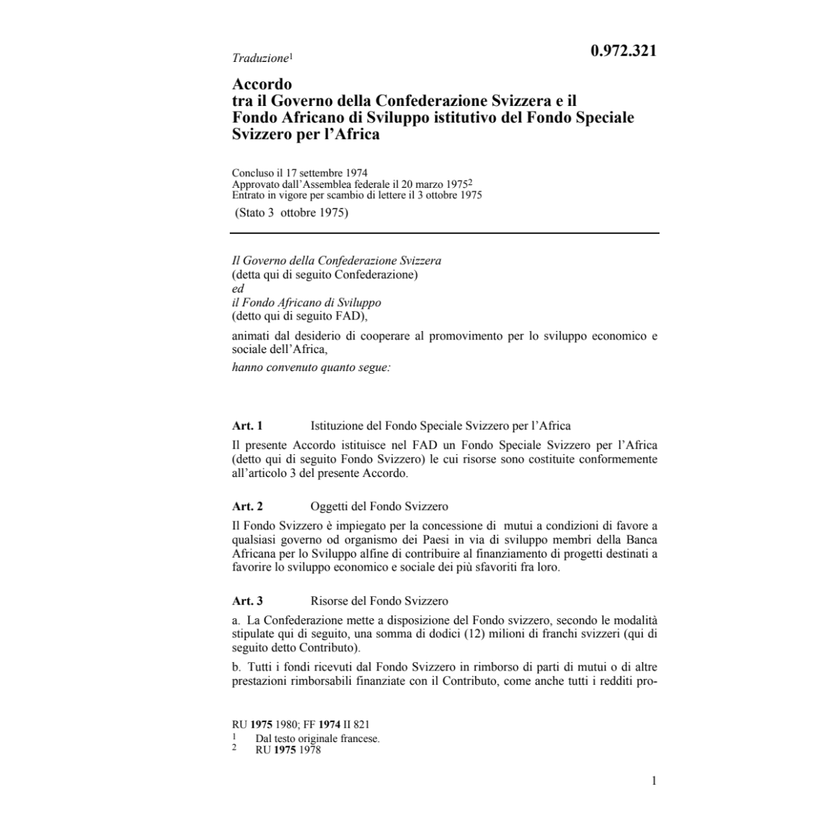 Acc. Fondo Africano di sviluppo