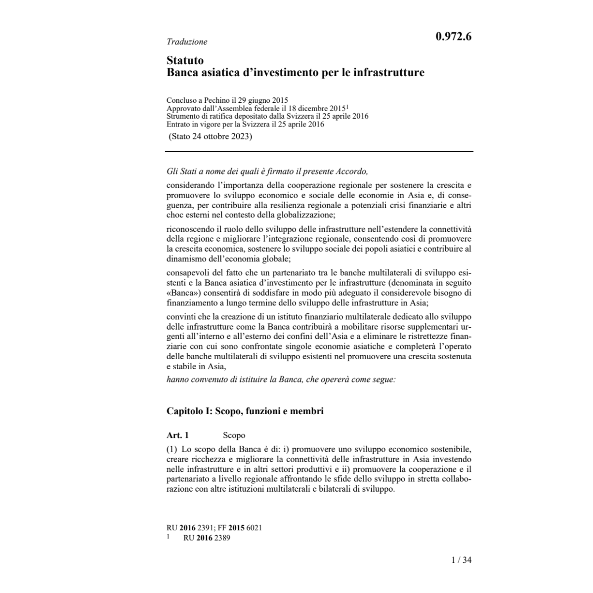 Statuto Banca asia. invest. infrastrutt.