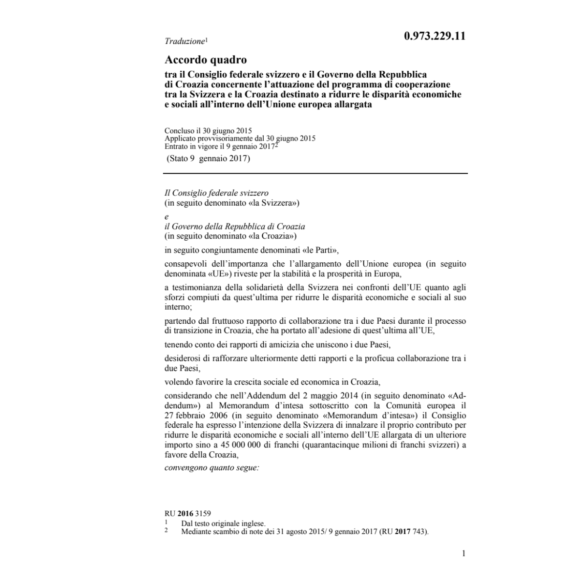 Accordo quadro 30.05.2015 CF/Croazia
