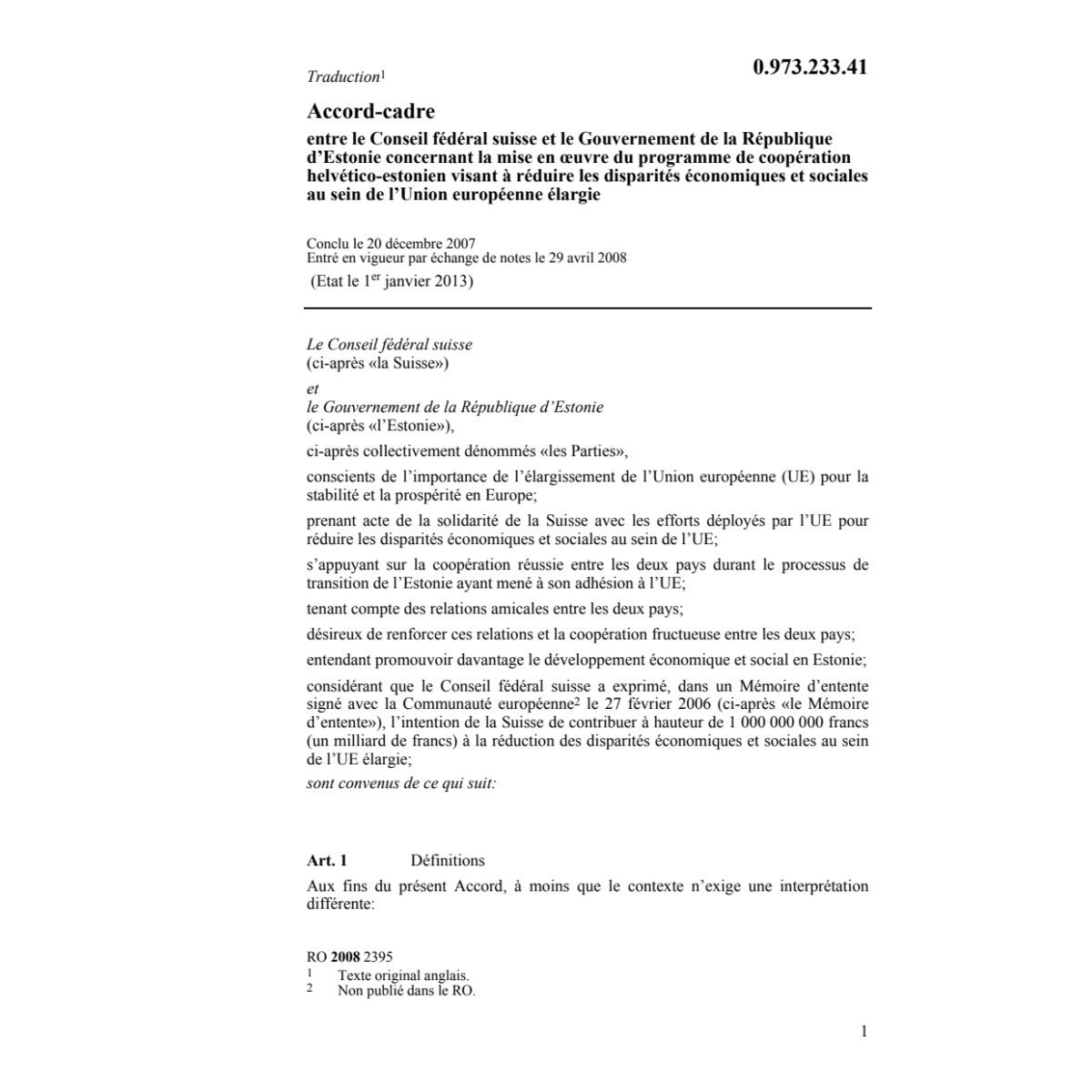 Accord-cadre CH-d'Estonie UE