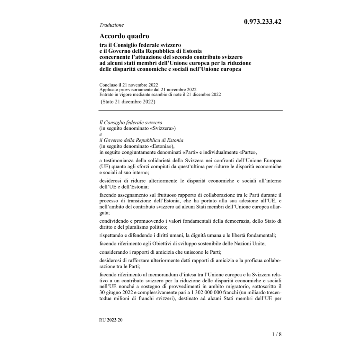 Acc. quadro Estonia contributo svizzero