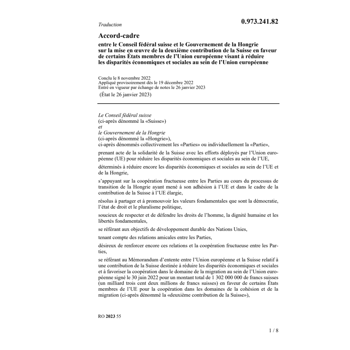 Accord-cadre Hongrie contribution Suisse
