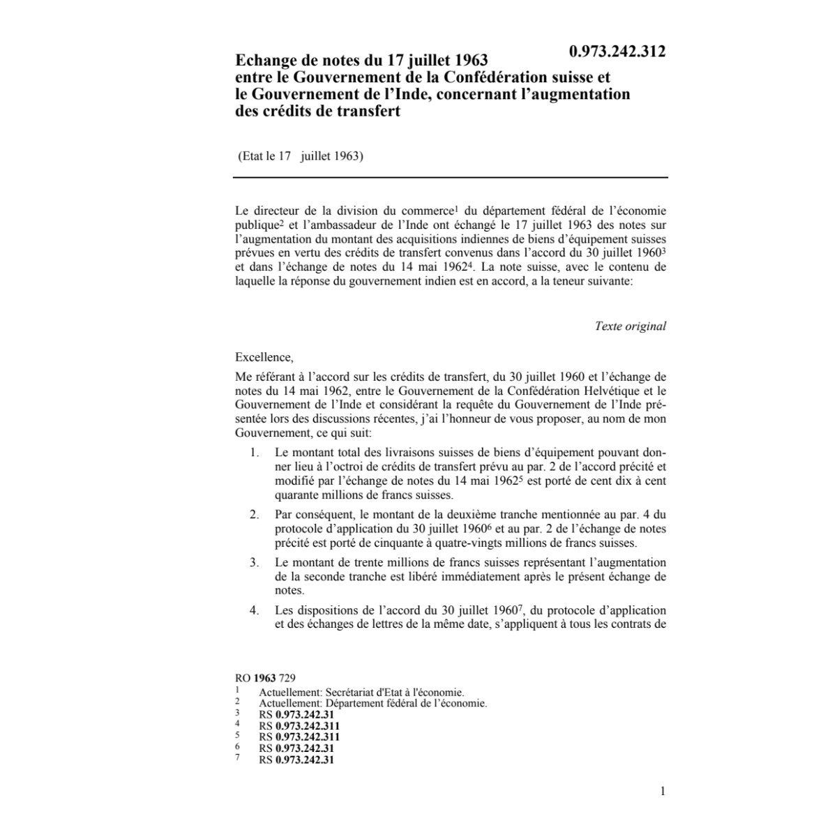 Echange de notes Inde, crédits