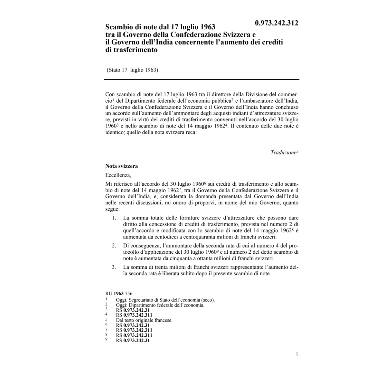 Scambio di note India, crediti