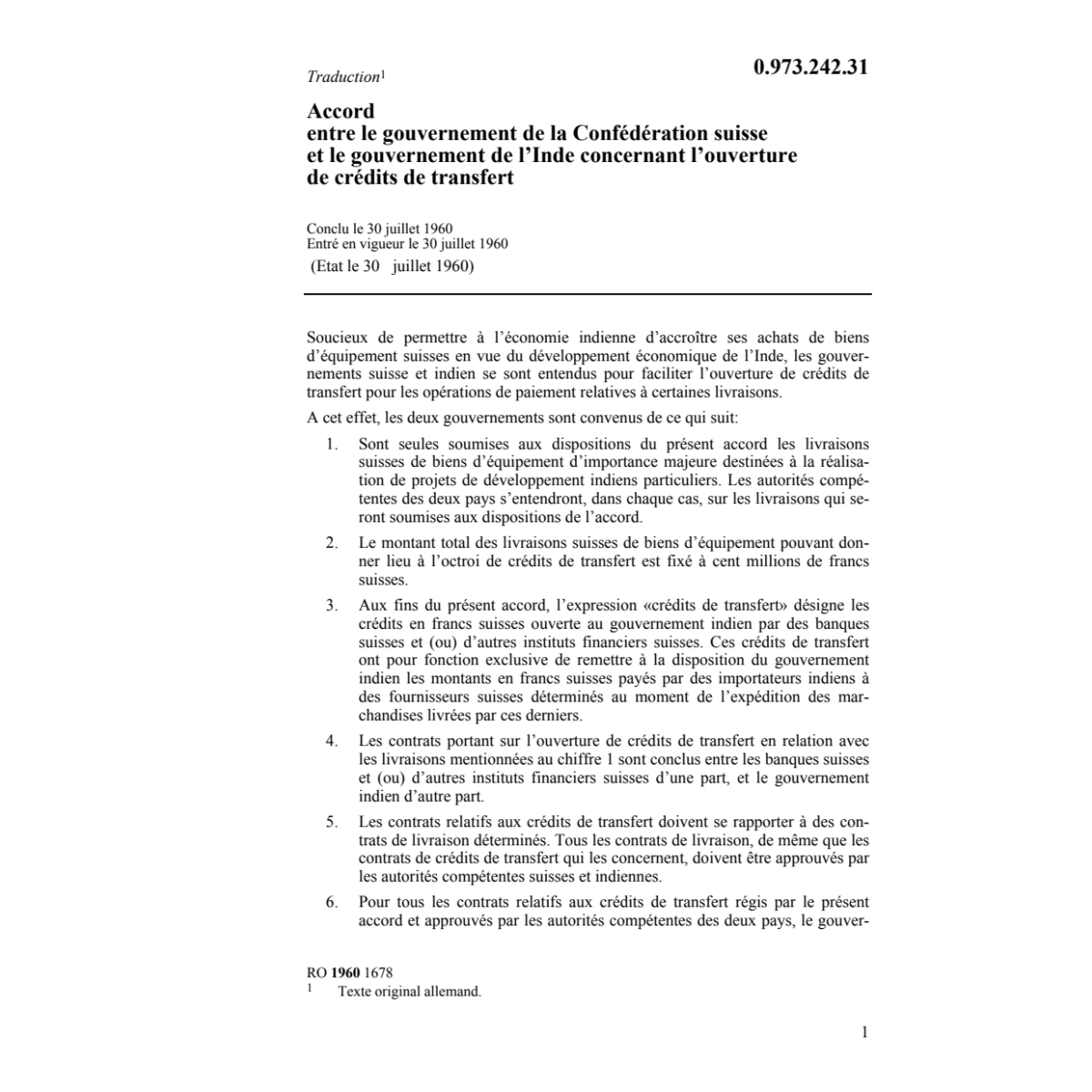 Ac. Inde, Ouverture crédits de transfert