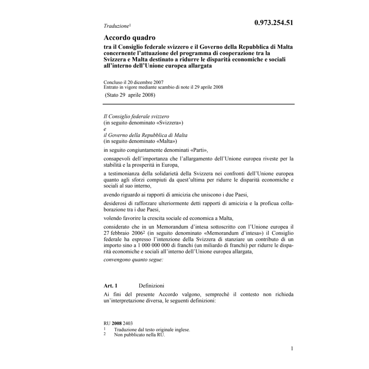 Accordo quadro CH-Malta UE