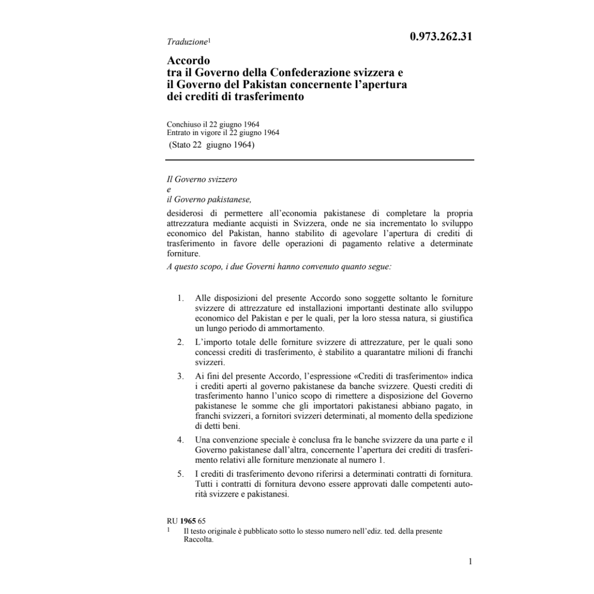Acc. Pakistan, crediti di trasferimento