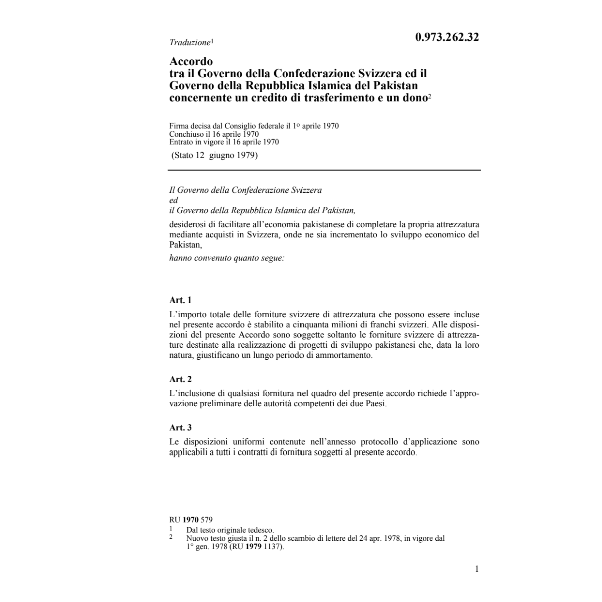 Acc. Pakistan, credito di trasferimento