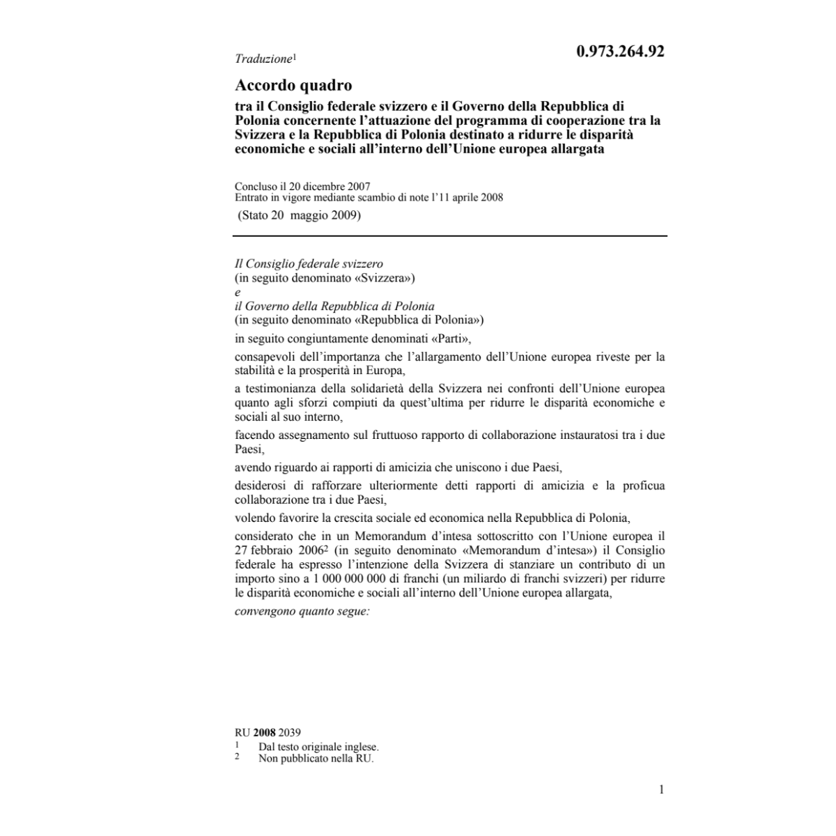 Accordo quadro CH-Polonia disparità