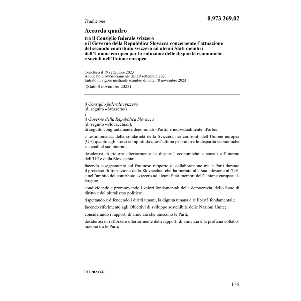 Accordo quadro Repubblica Slovacca