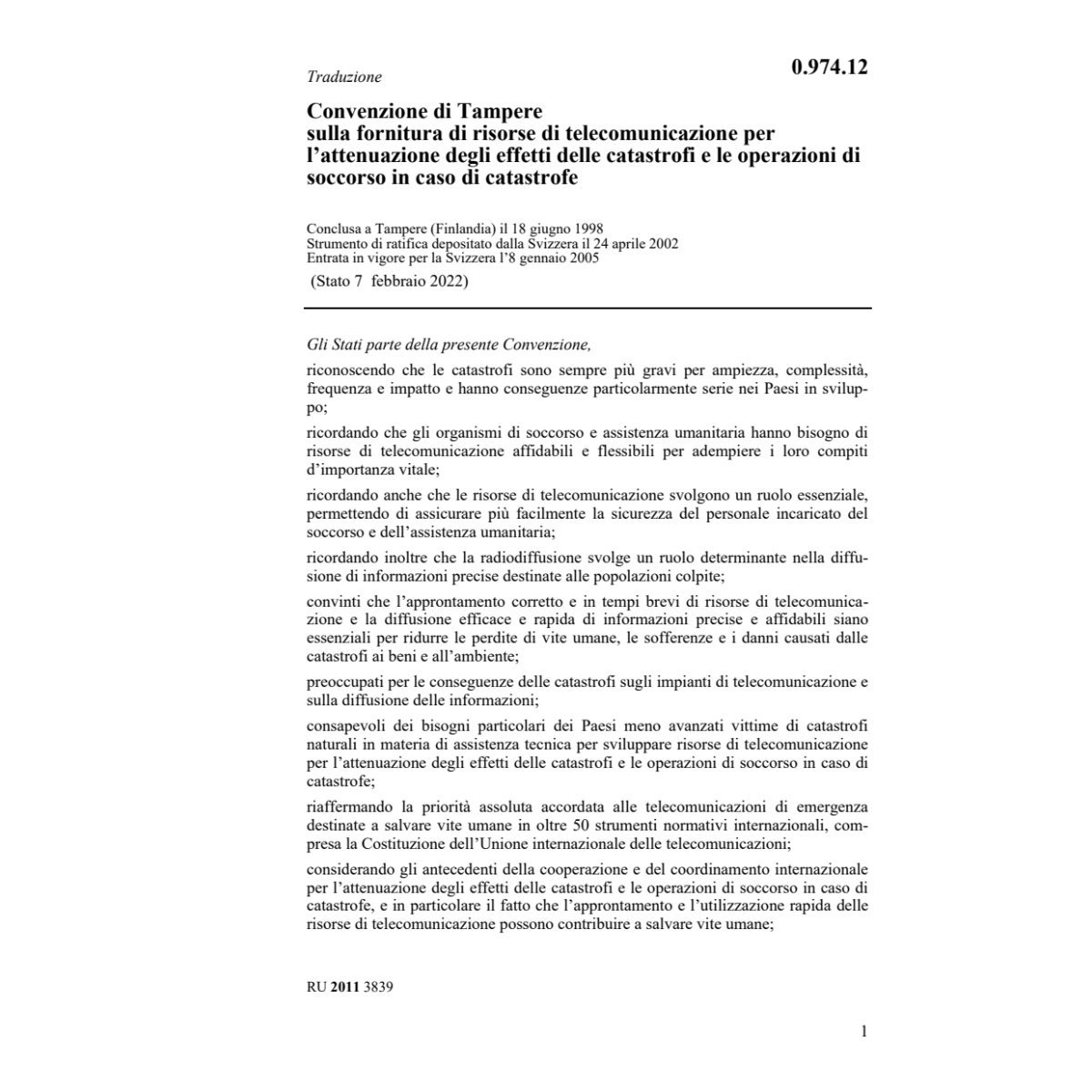 Conv. Tampere effetti delle catastrofi