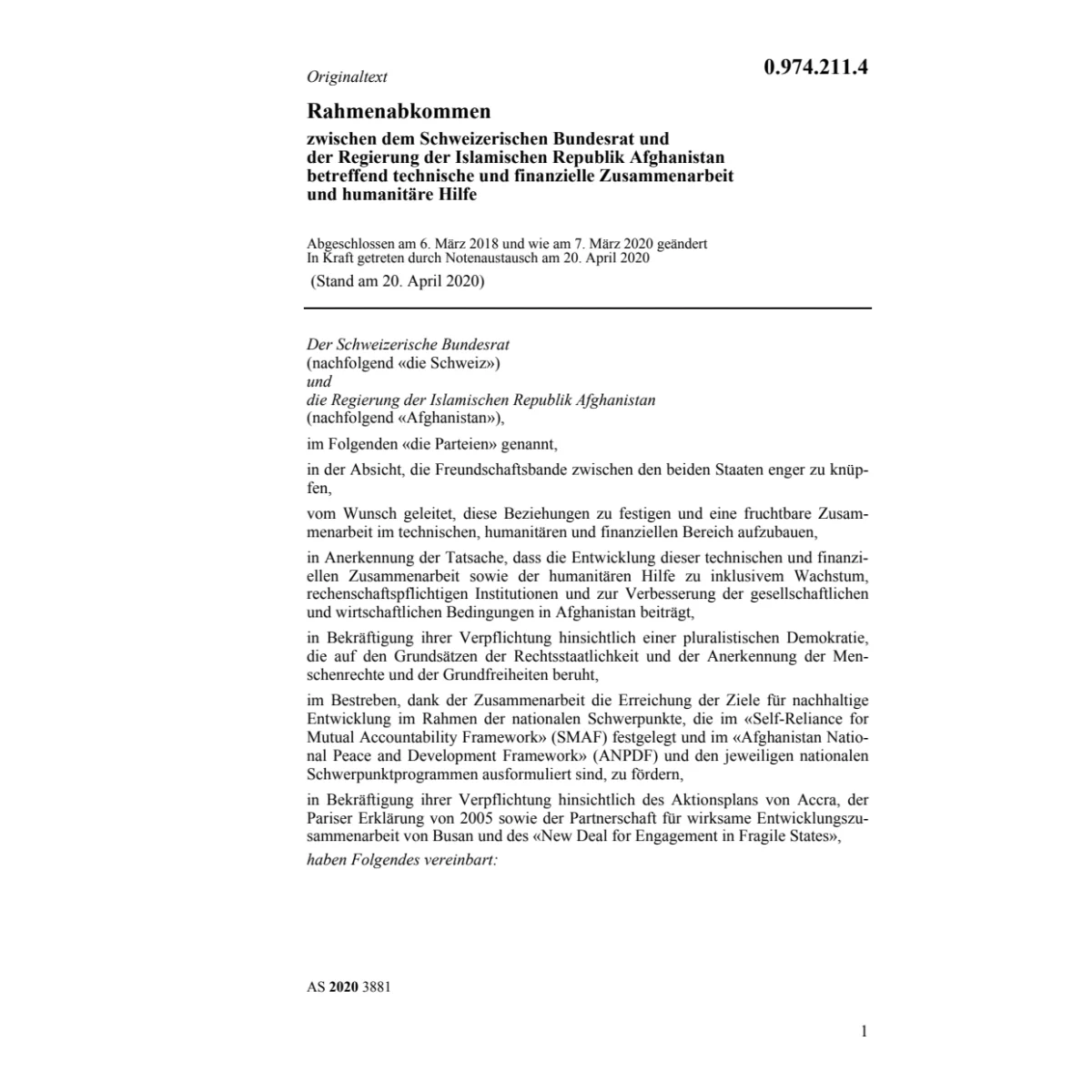 Rahmenabk. Afghanistan humanitäre Hilfe