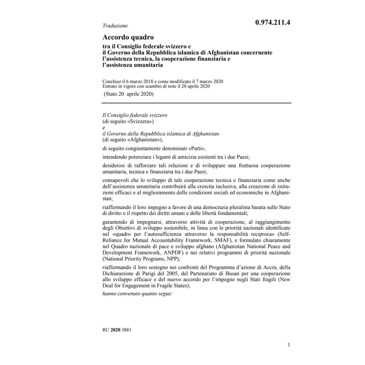 Acc. quadro Afghanistan ass. umanitaria