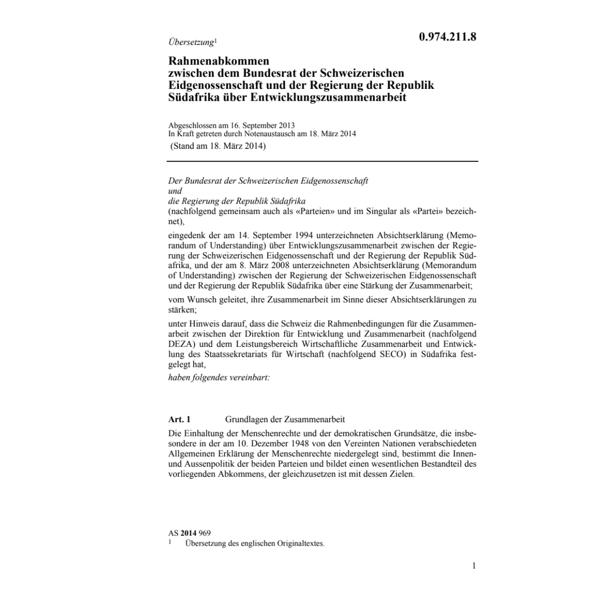 Abk.CH-Südafrika Entwicklungszusammenarb